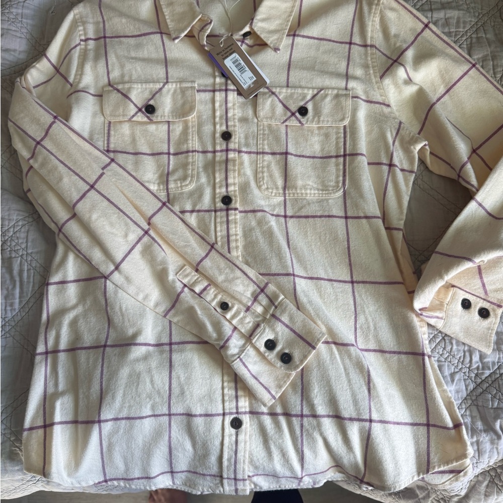 Patagonia Cream Button-Up Shirt with Purple Windowpane